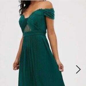 Forest green lace and pleat bardot maxi gown - size 10